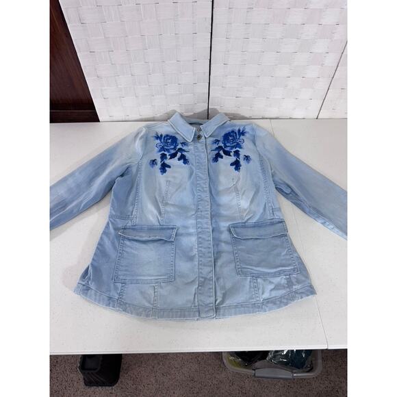 "ISAAC MIZRAHI LIVE" Bleached, Indigo Blue,Jean Jacket,Embroidered, Artsy,Whimsy - Picture 8 of 11